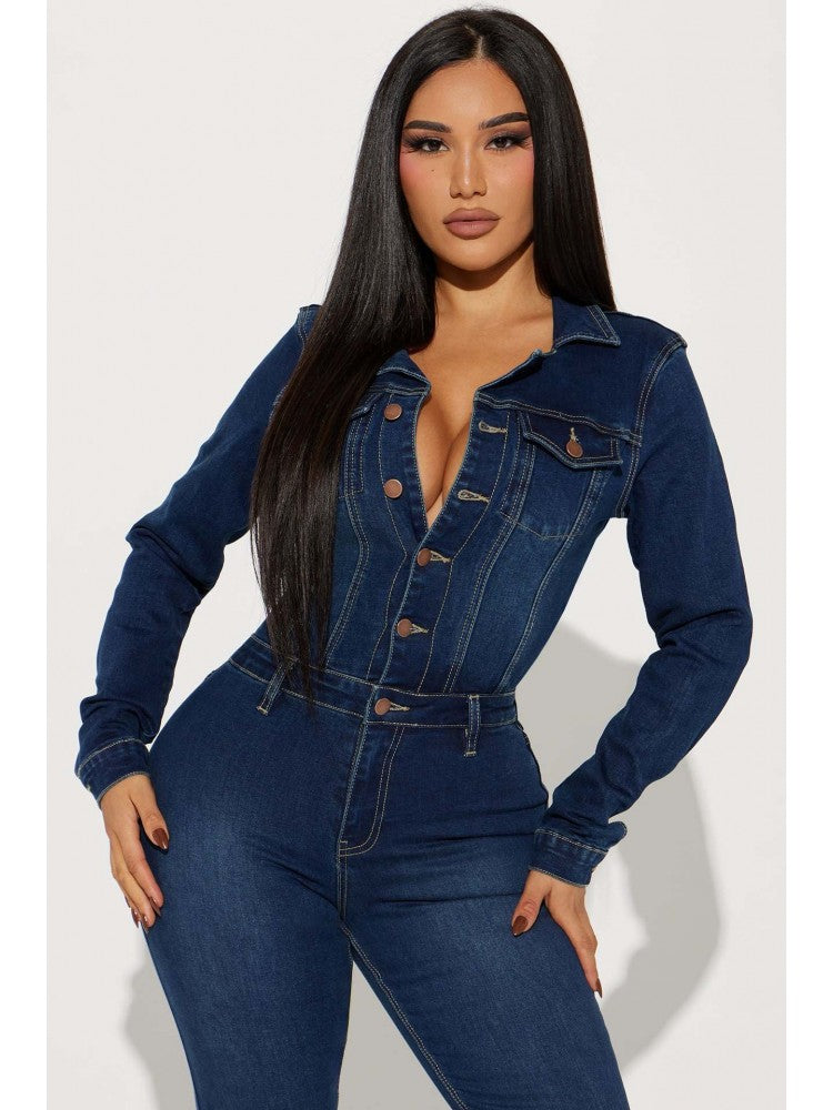 Flared Leg Denim Jumpsuit